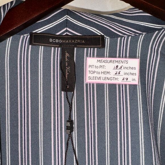 BCBG MaxAzria Blouse Sz S Midnight Teal Asymmetrical Wrap White Pink Stripes - Picture 3 of 7